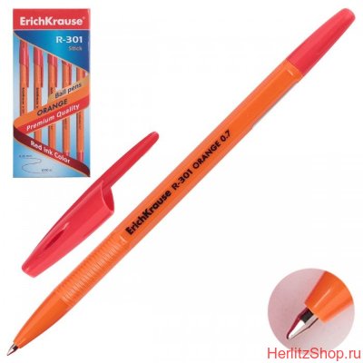 Ручка шариковая Erich Krause, "R-301", корпус оранжевый, толщ. письма 0.35 мм., красная